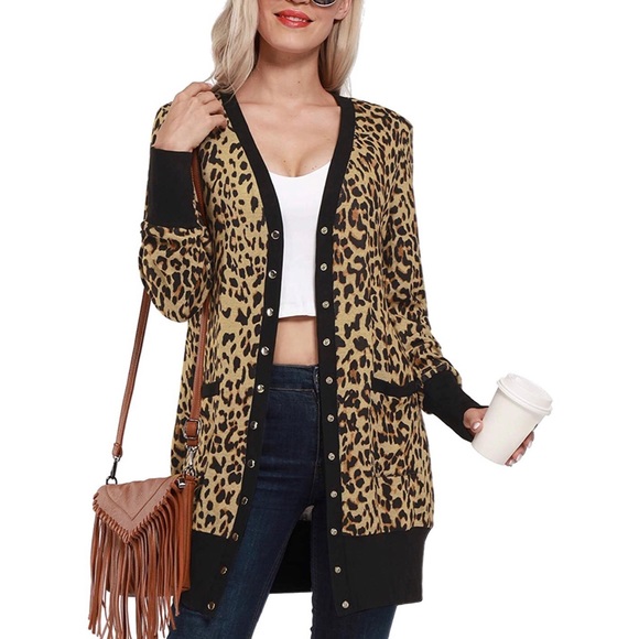 Long Sleeve Open Front Leopard Print Cardigan - Picture 3 of 5